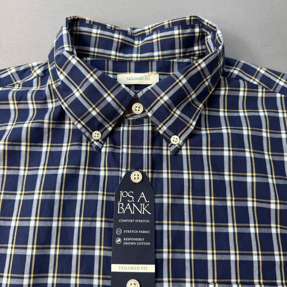 Jos A Bank Comfort Stretch Shirt Men's L Blue Check Button Down Short Sleeve